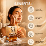 Benefits of Rihas Organica Camel Milk Handmade Soap including skin hydration, blemish reduction, radiant complexion, vitamin-rich nourishment, and anti-aging care.