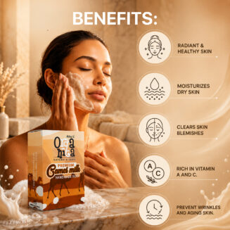 Benefits of Rihas Organica Camel Milk Handmade Soap including skin hydration, blemish reduction, radiant complexion, vitamin-rich nourishment, and anti-aging care.