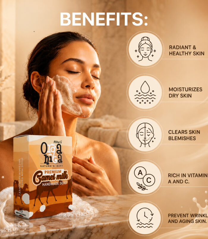 Benefits of Rihas Organica Camel Milk Handmade Soap including skin hydration, blemish reduction, radiant complexion, vitamin-rich nourishment, and anti-aging care. Benefits of Rihas Organica Camel Milk Handmade Soap including skin hydration, blemish reduction, radiant complexion, vitamin-rich nourishment, and anti-aging care.
