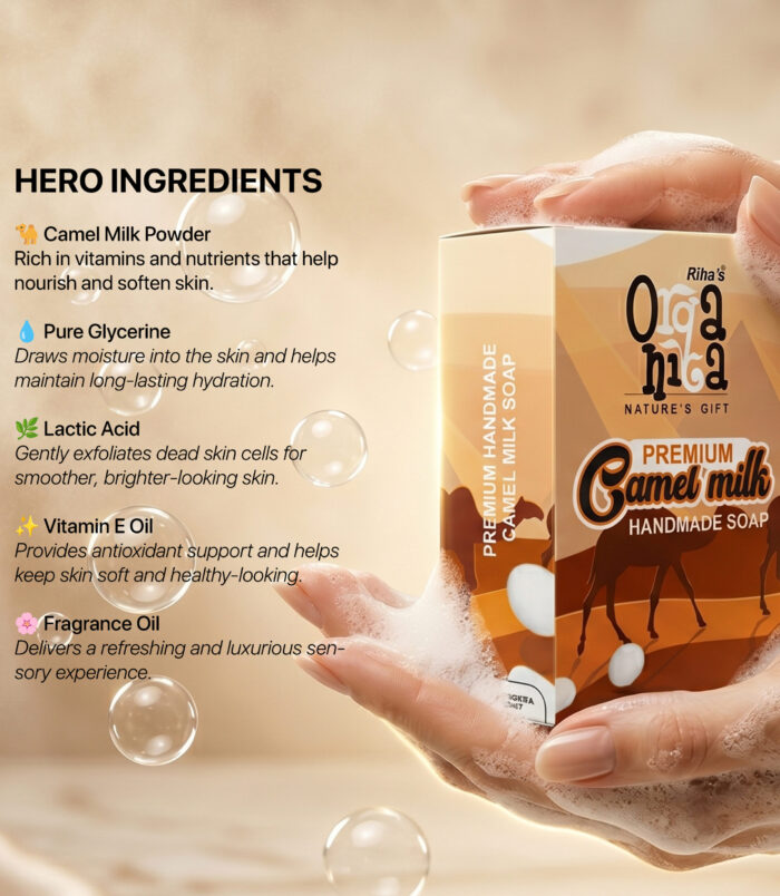 Rihas Organica Camel Milk Handmade Soap with camel milk, glycerine, lactic acid, and vitamin E for hydrated, nourished, and healthy-looking skin. Rihas Organica Camel Milk Handmade Soap with camel milk, glycerine, lactic acid, and vitamin E for hydrated, nourished, and healthy-looking skin.