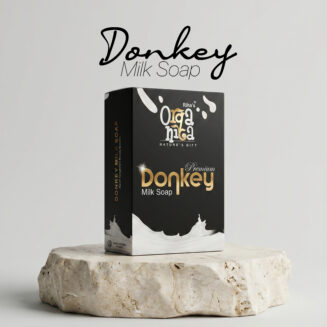 Rihas Organica Premium Donkey Milk Soap displayed on a stone pedestal, highlighting its nourishing and moisturizing skincare benefits.